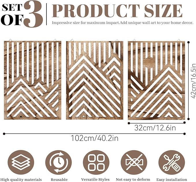 3pcs Wooden Wall Art, Mountain Decor Single Line Minimalist Decors Mountain Wall Art, Abstract Mountain Line Wood Wall Decor Hanging for Living Room Bedroom Bathroom Home Decors (Walnut Brown)