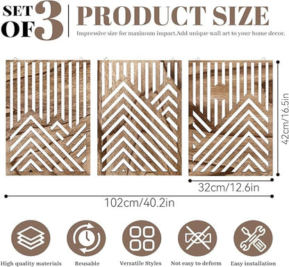 3pcs Wooden Wall Art, Mountain Decor Single Line Minimalist Decors Mountain Wall Art, Abstract Mountain Line Wood Wall Decor Hanging for Living Room Bedroom Bathroom Home Decors (Walnut Brown)