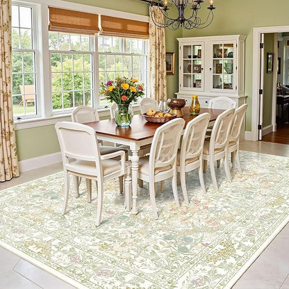 Floral Sage Green Washable Area Rugs 9x12 for Living Room, Vintage Large Thin Botanical Rug for Bedroom, Dining Room Under Table - Cottagecore Soft Boho Accent Carpet with Low Pile & Non-Slip