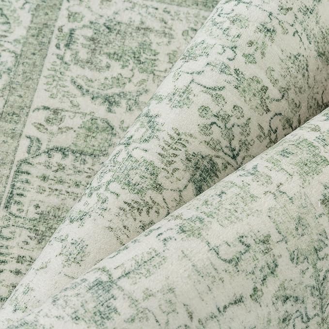 PureCozy Runner Rug 2x6 Sage Green Hallway Washable Vintage Distressed Kitchen Carpet Non Slip Neutral Low Pile Retro Floral Farmhouse Long Throw Rug Entryway Bathroom Office Laundry Dining Room