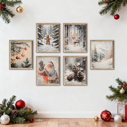 WINDVALE Christmas Wall Art Prints –Vintage Holiday Posters with Santa Claus, Reindeer, Rustic Winter Scene Wall Decor for Living Room, Bedroom, Fireplace & Entryway (8x10 Unframed)