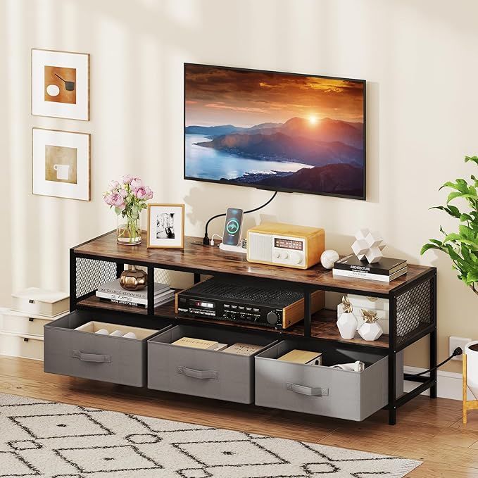 Tangkula Farmhouse TV Stand for TVs up to 65", 3-Tier Entertain Center with Power Outlets USB Charging, Media Console Table with Open Shelf & 3 Fabric Storage Drawers for Living Room (Rustic Brown)