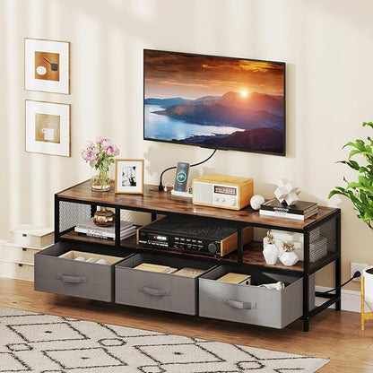 Tangkula Farmhouse TV Stand for TVs up to 65", 3-Tier Entertain Center with Power Outlets USB Charging, Media Console Table with Open Shelf & 3 Fabric Storage Drawers for Living Room (Rustic Brown)