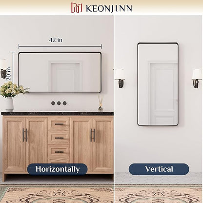 Keonjinn Black Bathroom Mirror for Over Sink, 42 x 20 Inch Rounded Rectangle Bathroom Vanity Mirror, Matte Black Sandblasted Finish, HD Tempered Glass, Wall Mirrors with Seamless Aluminum Alloy Frame