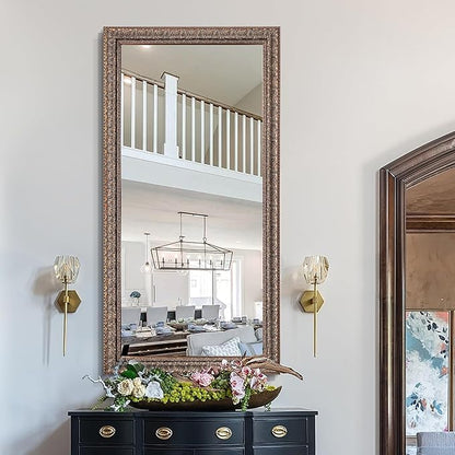 Chende 60" L x 31" W Large Full Length Mirror for Bedroom, Antique Bronze Decorative Mirror with Ornate Solid Wood Frame, Rectangular, Long Narrow Leaves Design, Unique