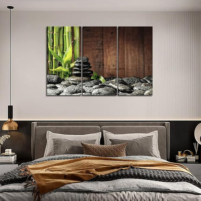 3 Panel Zen Wall Art Bamboo Canvas Green Spa Wooden Background Painting Pictures Print On Canvas Botanical Picture for Modern Decoration Ready To Hang