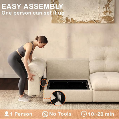 Oversized Modular Sectional Sofa with Storage, Modern Deep Seat Cloud Couch for Living Room, L-Shaped Large Sectional Couch, 4 Seater with 2 Ottomans, Beige