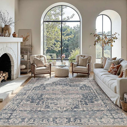 Rugxara 6x9 Area Rugs for Living Room Bedroom, Large Washable Rug, Blue Vintage Floral Boho Style, Non Slip & Low Pile Carpet for Indoor Dining Room, Dorm and Kids Room(Blue 6x9ft)