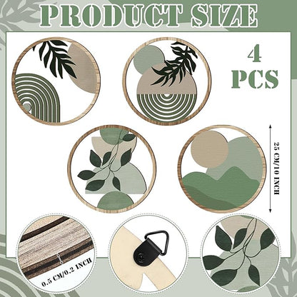 Qunclay 4 Pcs Boho Wall Art Bohemian Wooden Round Circle Wall Decor Hollow out Hanging Farmhouse Aesthetic for Bedroom Living Room Bathroom Bedroom Bathroom Patio Apartment Gift 10 Inch (Green)