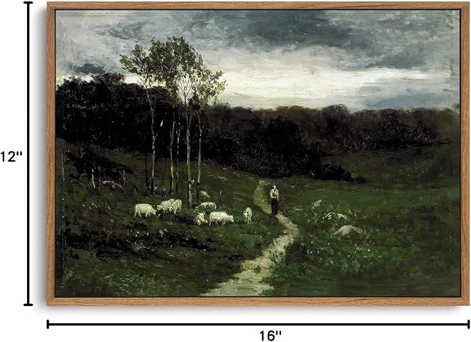 OIQArtOIQ Framed Vintage Landscape Wall Art Shepherd Natural Scenery Oil Painting Canvas Prints Country Farmhouse Aesthetic Decor Pictures for Kitchen Bedroom Living Room Bathroom