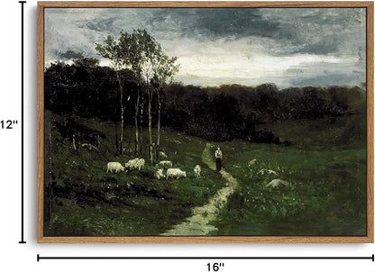 OIQArtOIQ Framed Vintage Landscape Wall Art Shepherd Natural Scenery Oil Painting Canvas Prints Country Farmhouse Aesthetic Decor Pictures for Kitchen Bedroom Living Room Bathroom