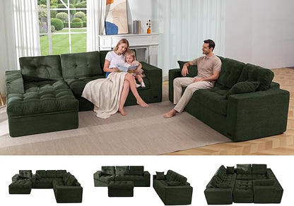 MAXYOYO Modular Sectional Sofa with Ottoman and Loveseat, Cloud Boneless Couch with Layered Cushion, Flexible Module Combination Sofa for Living Room, No Assembly Required,Dark Green