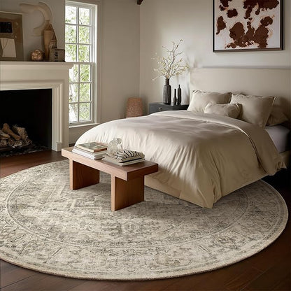 6ft Washable Round Rugs for Bedroom: Circle Living Room Rug Vintage Non Slip Low Pile Soft Faux Wool Non Shedding Boho Circular Rug for Entryway Kitchen Bathroom Office College Dorm Nursery Indoor