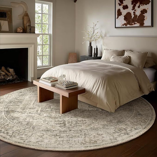 6ft Washable Round Rugs for Bedroom: Circle Living Room Rug Vintage Non Slip Low Pile Soft Faux Wool Non Shedding Boho Circular Rug for Entryway Kitchen Bathroom Office College Dorm Nursery Indoor