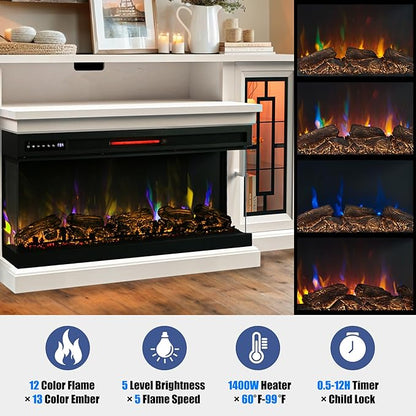 75 Inch Electric Fireplace TV Stand, 3- Side Glass LED Modern Media Entertainment Center Console Table for TVs up to 80/85 Inch w/Adjustable Flame, 40’’ Fireplace, Highboy, Antique White