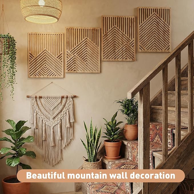 Wesiti 4 Pcs Wooden Mountain Wall Art Decor Large Abstract Wall Art for Living Room Modern Wood Panel Line Sculptures Nature Rustic Forest Hanging Decor for Office Bedroom Bathroom 15.7 x 12.2''