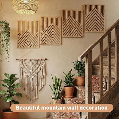 Wesiti 4 Pcs Wooden Mountain Wall Art Decor Large Abstract Wall Art for Living Room Modern Wood Panel Line Sculptures Nature Rustic Forest Hanging Decor for Office Bedroom Bathroom 15.7 x 12.2''