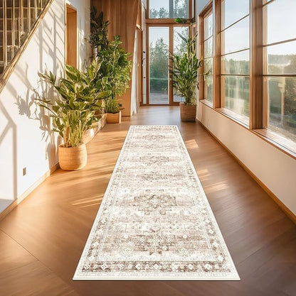 Hazo Haus Beige Washable 2'6"x8' Wide Hallway Runners, Kitchen Runner Rug, Non-Slip & Stain Resistant Long Floor Rug, Neutral Boho Floral Decor (2'6"x8' Beige/Latte)