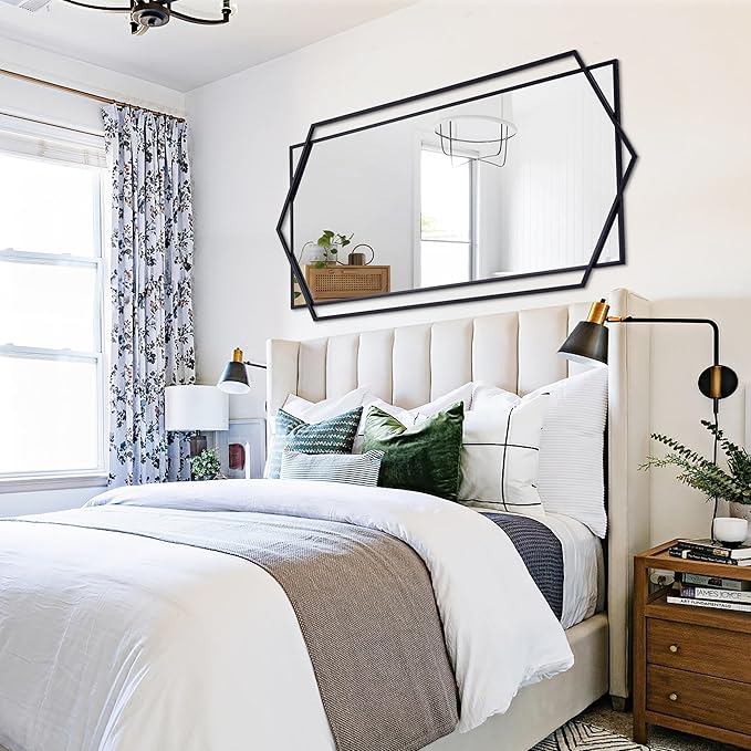 Black Wall Mirror for Decor, 30"x59" Decorative Living Room Mirror, Small Bathroom Mirror with Metal Frame, Modern Hexagon Mirror for Dining Room, Entrance