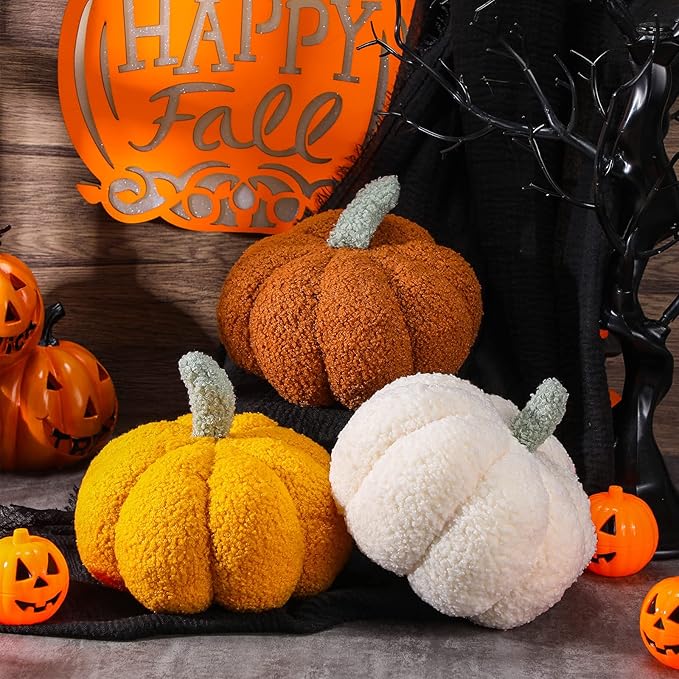 Namalu 3 Pcs Thanksgiving Pumpkin Pillows 3D Throw Cushion Soft Sofa Pillows Stuffed Pumpkin Decoration for Fall Winter Living Room Home Christmas Thank You Gifts(7.87 Inch,White, Yellow, Brown)
