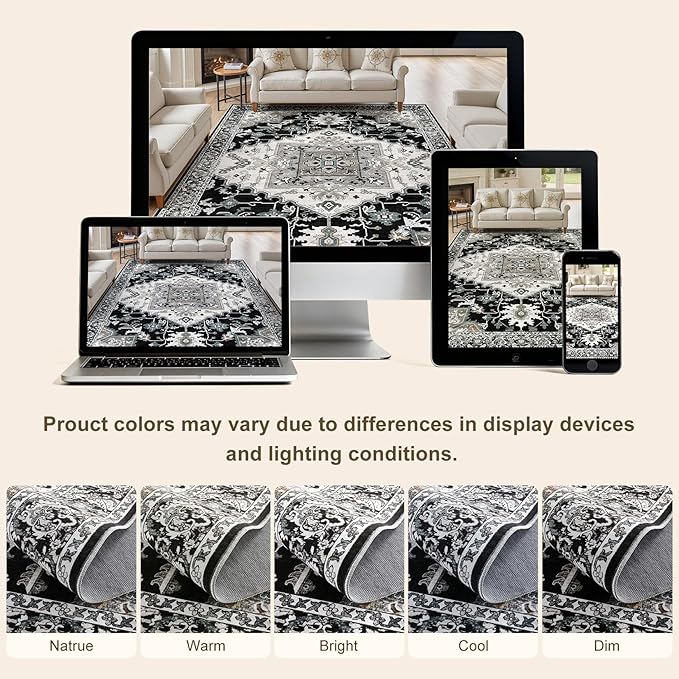 8x10 Washable Area Rugs for Living Room: Non Slip Vintage Black Rug, Large Soft Stain Resistant Indoor Floor Carpets for Bedroom Dining Room Nursery Home Office Kid & Pet Friendly