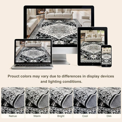 8x10 Washable Area Rugs for Living Room: Non Slip Vintage Black Rug, Large Soft Stain Resistant Indoor Floor Carpets for Bedroom Dining Room Nursery Home Office Kid & Pet Friendly