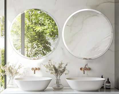 Frameless Round Wall Mirror: Decorative Mirrored Glass Vanity with Beveled Silver Edge for Bathroom Bedroom Livingroom Dining Room Entryway Hallway, 24 x 24 inch