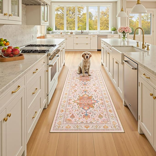 RELEANY Area Rugs 2'x5' Runner Rug Non Slip Washable for Kitchen Hallway Bedroom Beside Laundry Room Bathroom Rug, Floor Carpet, Light Pink Colorful