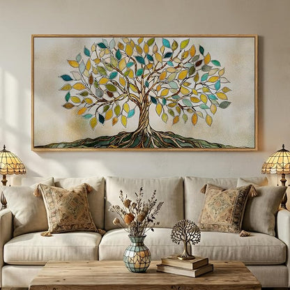 Large Framed Tree of Life Wall Art for Living Room, Modern Farmhouse Neutral Tree Canvas Painting Prints Artwork for Walls, Rustic Retro Picture for Bedroom Kitchen Office Hallway Wall Decor, 30x60