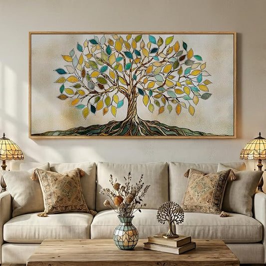 Large Framed Tree of Life Wall Art for Living Room, Modern Farmhouse Neutral Tree Canvas Painting Prints Artwork for Walls, Rustic Retro Picture for Bedroom Kitchen Office Hallway Wall Decor, 30x60