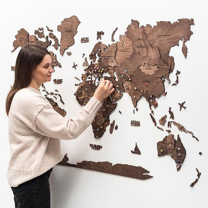 Enjoy The Wood 3D Wooden World Map Wall Art - Large Travel Map with Pins for Art Decor - Decorative Map of the World for Home, Office - Travel Wall Art Housewarming Gift Idea (Dark Walnut, 2XL, Unframed)