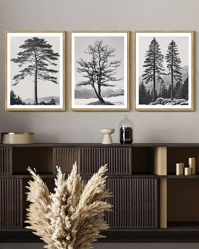 Drsoum Vintage Black Gray Tree Wall Art Framed Antique Retro Forest Prints Modern Rustic Artwork Bedroom Farmhouse Ready to Hang 12x16in Natural Framed