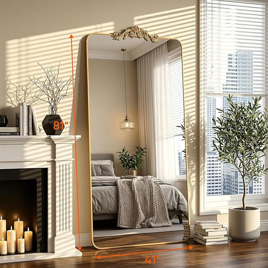 Antok Arched Full Length Mirror, 81"x41" Floor Mirror with Carved, Full Body Mirrors for HomeDecor, Standing/Halling Large Wall Mirror for Bedroom, Living Room, Cloakroom, Black, Ornate Style