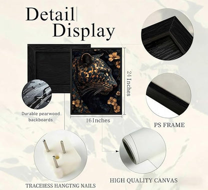 Framed Dark Cheetah Canvas Wall Art Moody Blue and Gold Leopard Wildlife Animal Flower Pictures Painting Wall Decor Poster Print Artwork for Living Room Bedroom Decoration