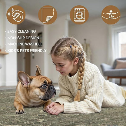 8x10 Area Rug Machine Washable Boho Rug for Living Room,Ultra-Thin Low Pile Carpet,Lightweight Indoor Printed Rug,Non Slip Floral Area Rug for Bedroom, Dining Room, Home Office,Muted Green