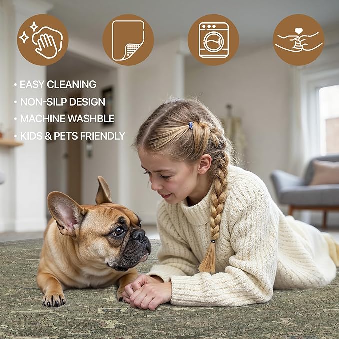 2x5 Runner Rug Machine Washable Boho Rug Runners for Hallway,Ultra-Thin Low Pile Rug,Lightweight Indoor Carpet,Non Slip Floral Runners for Enrtyway, Corridor, Home Office, Kitchen,Muted Green