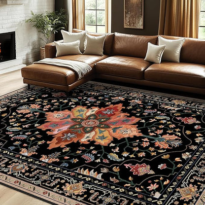 RELEANY Area Rugs 7'x10' Washable Non-Slip, Floral Vintage Distress Print Pattern Medallion Carpet for Living Room Bedroom Dining Room, Black Colorful Floral Dark Tan