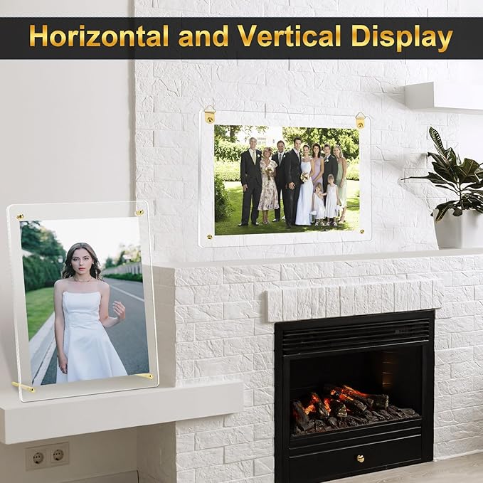 Thyle 8 Pcs Acrylic Photo Frame 8x10'' Clear Floating Picture Frame Frameless Photo Display Memories Photography Poster Frames Tabletop or Hanging Wall Mount for Family Wedding Wall Art (Gold)