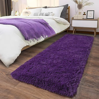 Soft Runner Rugs for Bedroom Hallways, 2 Packs 2x6 Purple Fluffy Shag Throw Area Rug Non Slip for Bedside Dorm, Long Shaggy Furry Carpet for Nursery Living Room