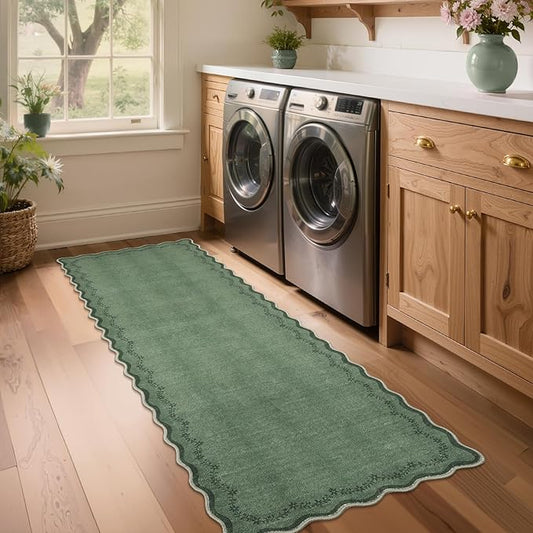 GarveeHome 2x6 Scalloped Washable Runner Rug for Kitchen, Soft Green Hallway Runner Non Slip Entryway Rug Farmhouse Thin Laundry Mat Stain Resistant Carpet for Bedroom Bathroom Beside Rug