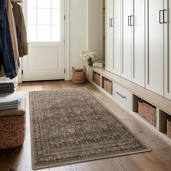 Washable 4x6 Rugs for Living Room, Boho Non-Slip Vintage Distress Small Rugs for Bedroom Nursery Office, 0.3" Neutral Oriental Throw Thin Carpet with Cushioning Pad, Red/Brown/Multi, C4
