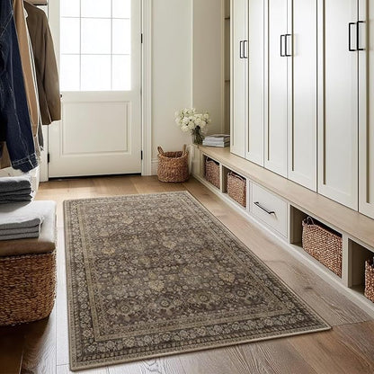 Washable 4x6 Rugs for Living Room, Boho Non-Slip Vintage Distress Small Rugs for Bedroom Nursery Office, 0.3" Neutral Oriental Throw Thin Carpet with Cushioning Pad, Red/Brown/Multi, C4