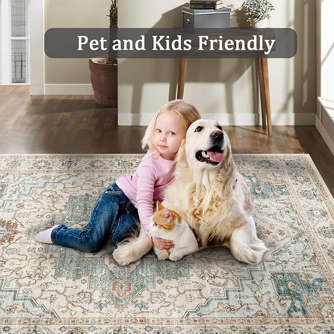 5x7 Area Rug for Living Room, Non Slip Vintage Machine Washable Rug, Foldable Stain Resistant Large Area Rugs for Bedroom, Soft Indoor Boho Carpet for Home Decor (Green/Beige, 5'x7')