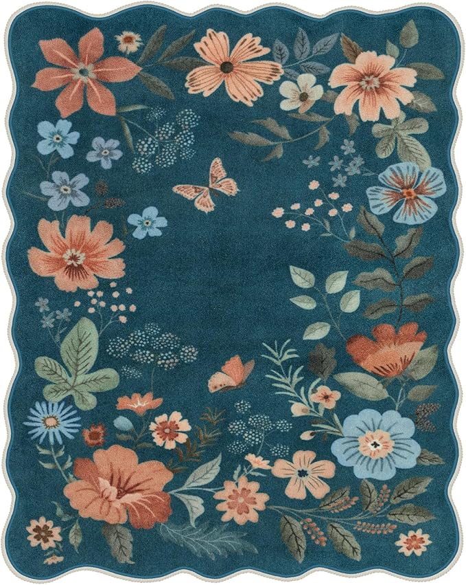 Lahome Floral Washable Rugs 8x10, Non-Slip Soft 8x10 Rugs for Living Room Bedroom, Ultra-Thin Stain Resistant Boho Blue Accent Carpet for Dining Room Office Flore (8x10ft,Navy Blue)