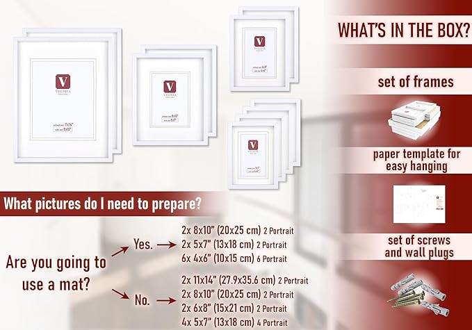 10 Piece Shadow Box Style Gallery Wall Frame Set – Deep Photo Frame Set with Mat for 8x10, 5x7 and 4x6 - Multiple Sizes Picture Frame Set for Wall Collage – Assorted Picture Frames for Wall (White)