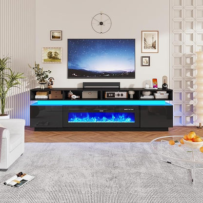 chartustriable Fireplace TV Stand for 100" TV, 93" LED Entertainment Center with 50" Fireplace & Power Outlets, High Gloss TV Stand, Gaming TV Media Console for Living Room, 93 Inch, Black