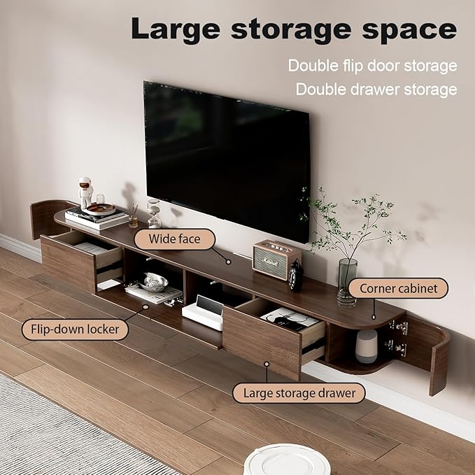 Floating TV Stand 63 Inch Wall Mounted TV Cabinet with LED Light Strip, TV Media Console with Flip-Down Door & Drawers for Living Room (Walnut, Light Strip 62.9")
