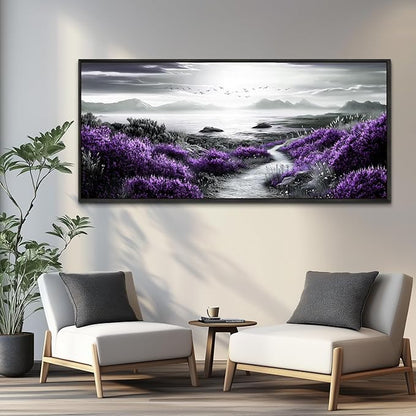 FUHAIHUA Canvas Wall Art For Living Room Wall Decor For Bedroom Office Wall Decoration Purple Flowers Landscape Painting Black And White Pictures Artwork Room Aesthetic Home Decor 32x72 In