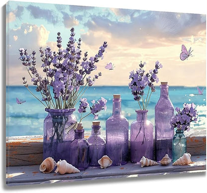 LB Ocean Purple Lavender Wall Art for Living Room Purple Flower in Vase with Butterfly Canvas Wall Art Blue Sky and White Cloud Wall Decor for Bedroom Bathroom Office Framed Ready to Hang 8L x 10W