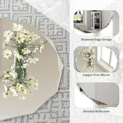 30x30 Inch Round Beveled Bathroom Mirror, Circle Frameless Copper-Free Silver Mirror, Modern Vanity Mirror, Decorative Wall Mirrors for Restroom, Bedroom, Living Room, Bathroom, Entryway
